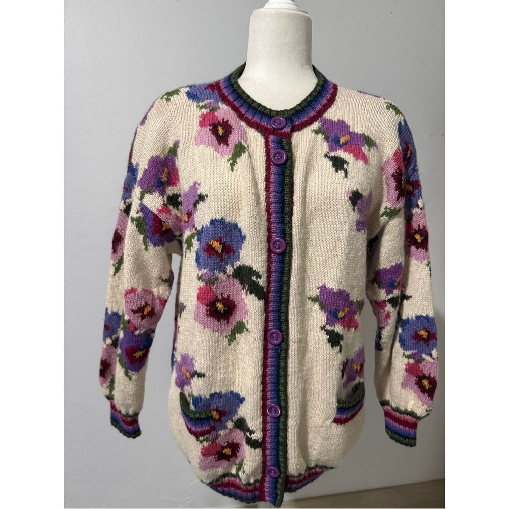 Royal Alpaca 100% Alpaca floral knit chunky sweater button front S